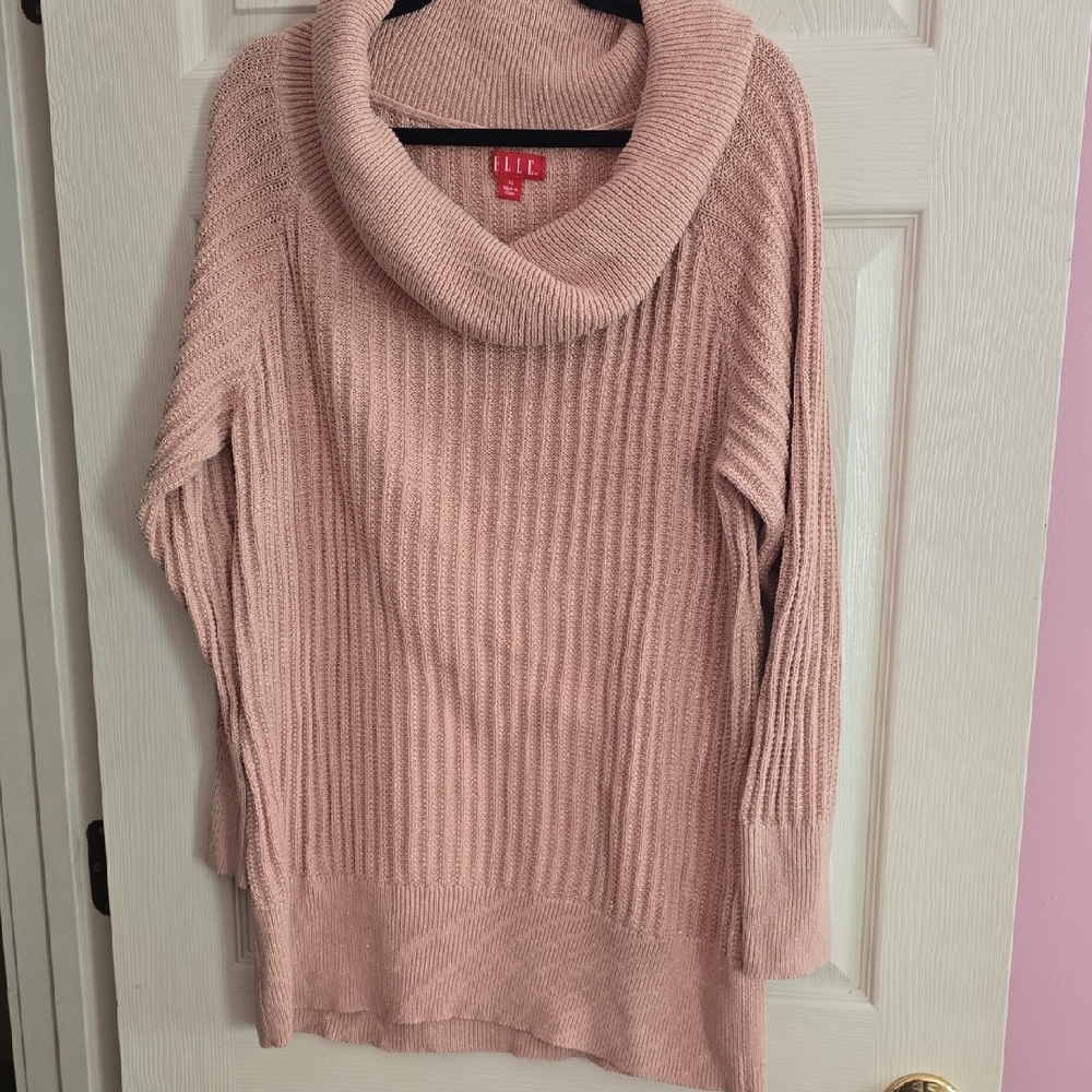 Elle Blush Pink Cowl-Neck Ribbed Sweater